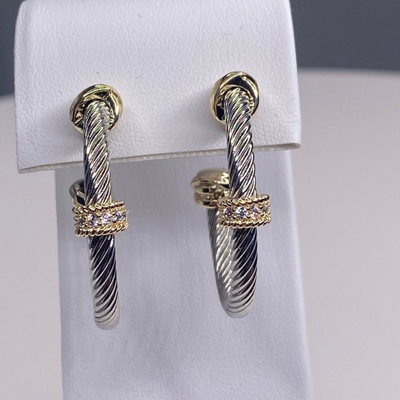 CABLE HOOP EARRINGS WITH GOLD ACCENTS AND PAVE CRYSTALS - Picture 3 of 3